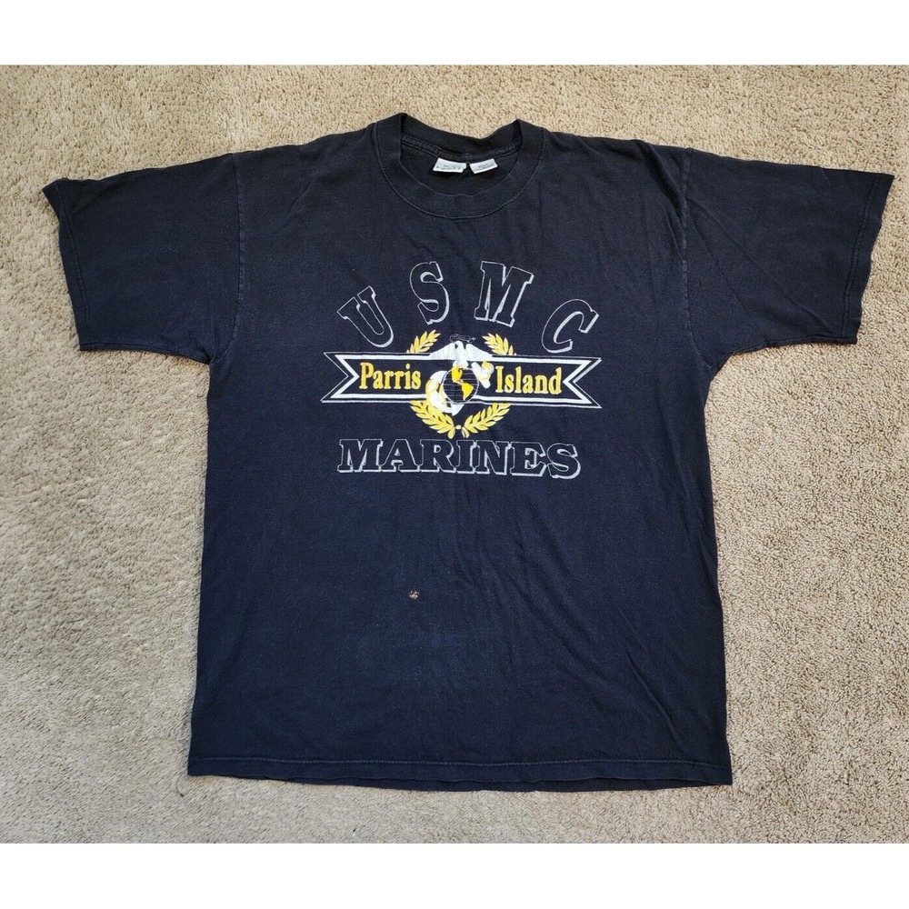 Vintage‎ USMC Marines Shirt Mens Large Parris Island USA Made Black